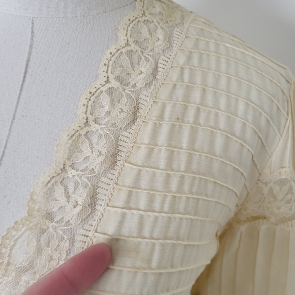 1970's Mexican Wedding Dress Cream Midi Long Sleeve Lace Pleats V-neck Tiered - Picture 6 of 16